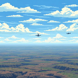 A pixelated sky background for a World War II airplane game, featuring a spacious and layered ground with great depth