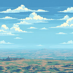 A pixelated sky background for a World War II airplane game, featuring a spacious and layered ground with great depth