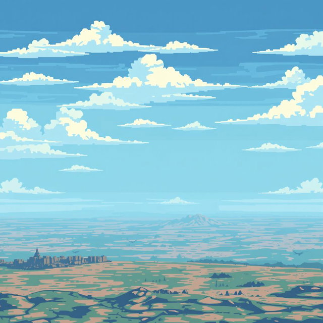 A pixelated sky background for a World War II airplane game, featuring a spacious and layered ground with great depth