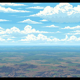 A pixelated sky background for a World War II airplane game, featuring a spacious and layered ground with great depth