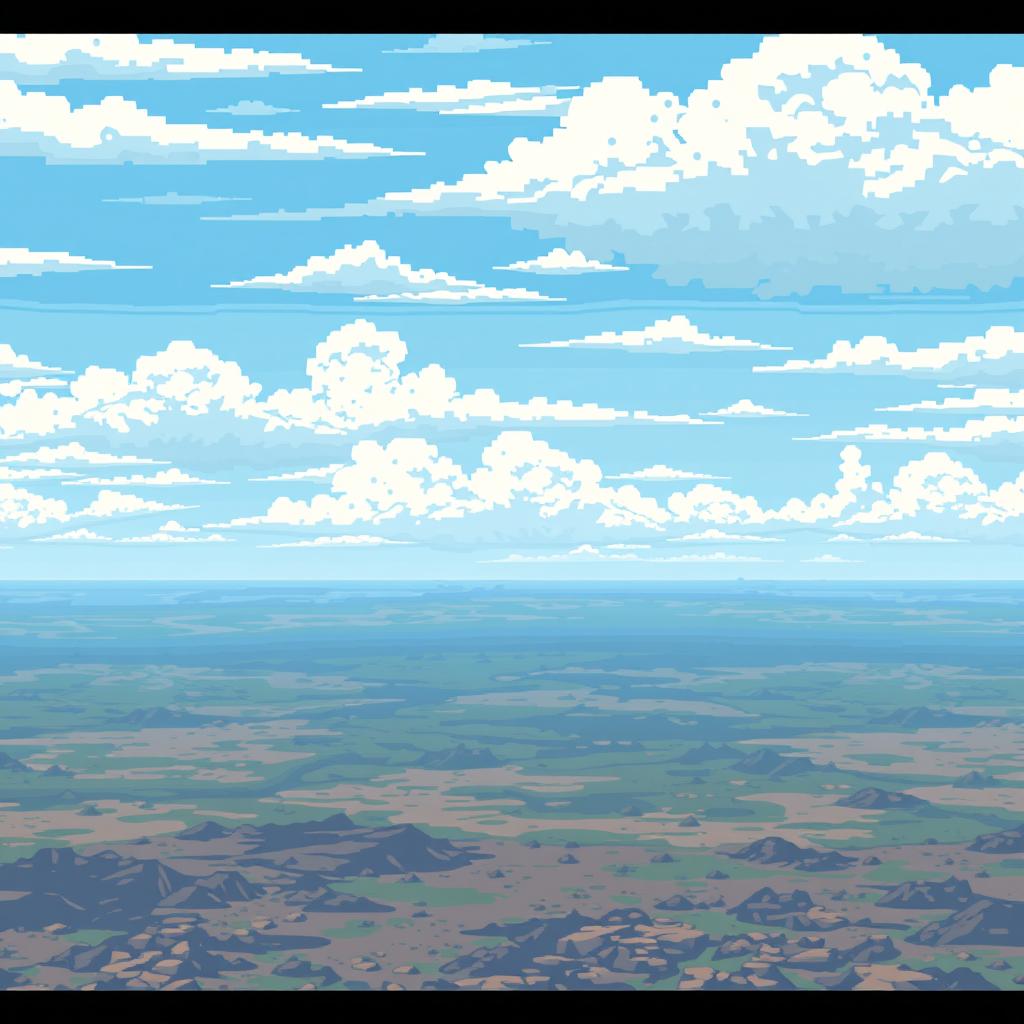 A pixelated sky background for a World War II airplane game, featuring a spacious and layered ground with great depth