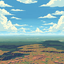 A pixelated sky background for a World War II airplane game, featuring a spacious and layered ground with great depth