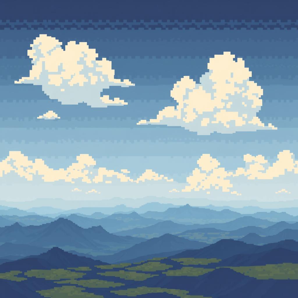 A pixelated sky background for a World War II airplane game, showcasing a heavily layered ground that creates a sense of great distance