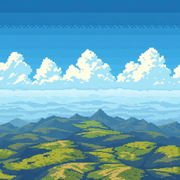 A pixelated sky background for a World War II airplane game, showcasing a heavily layered ground that creates a sense of great distance