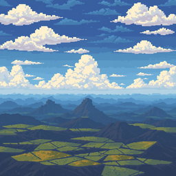 A pixelated sky background for a World War II airplane game, showcasing a heavily layered ground that creates a sense of great distance