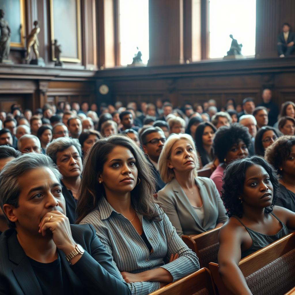 A dynamic scene showing a jury of diverse individuals seated in a courtroom setting, surrounded by a captivated crowd