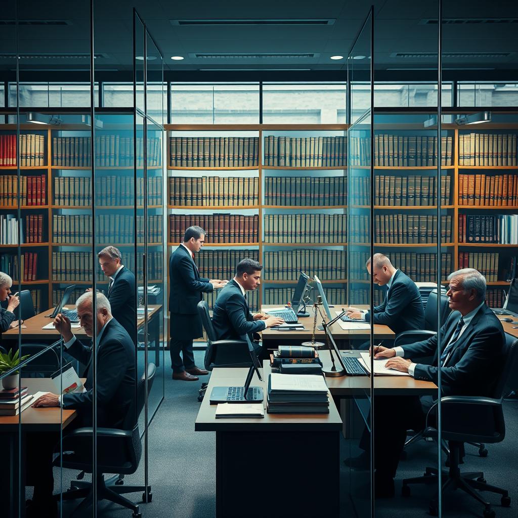 A vivid scene depicting several male lawyers working in a modern office environment, each in their own glass office
