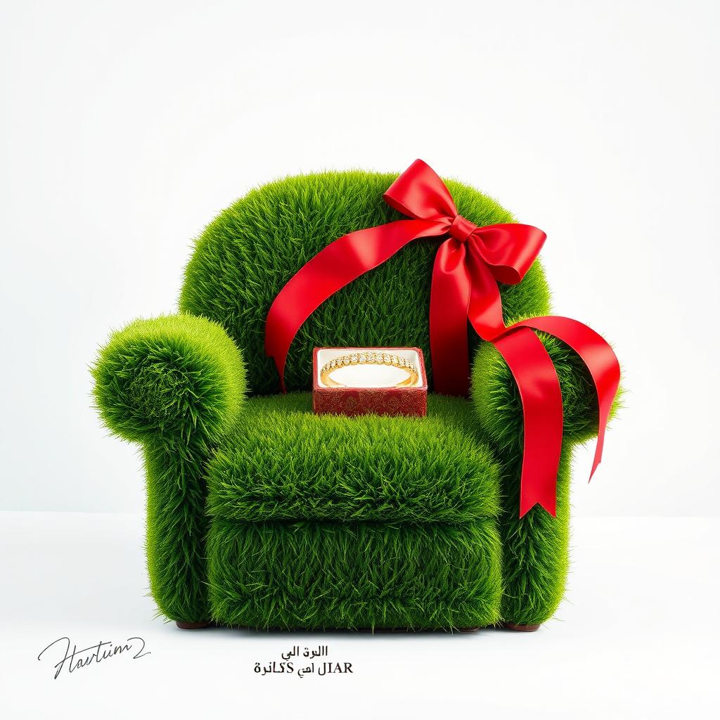 An artistic representation of an Iranian Nowruz (Persian New Year) scene featuring a lush green grass patch shaped like a single armchair