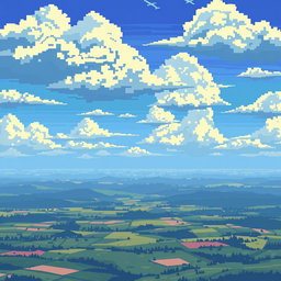 A pixelated sky background for a World War II airplane game, showcasing a dramatically expansive sky with various pixelated blue shades and stylized clouds