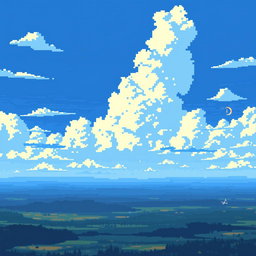 A pixelated sky background for a World War II airplane game, showcasing a dramatically expansive sky with various pixelated blue shades and stylized clouds