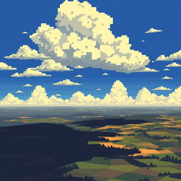 A pixelated sky background for a World War II airplane game, showcasing a dramatically expansive sky with various pixelated blue shades and stylized clouds