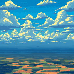A pixelated sky background for a World War II airplane game, showcasing a dramatically expansive sky with various pixelated blue shades and stylized clouds