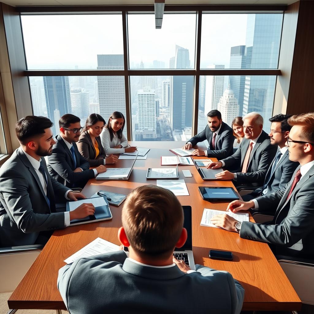 A dynamic and professional scene depicting a diverse group of lawyers gathered around a large conference table, engaged in a strategic planning meeting