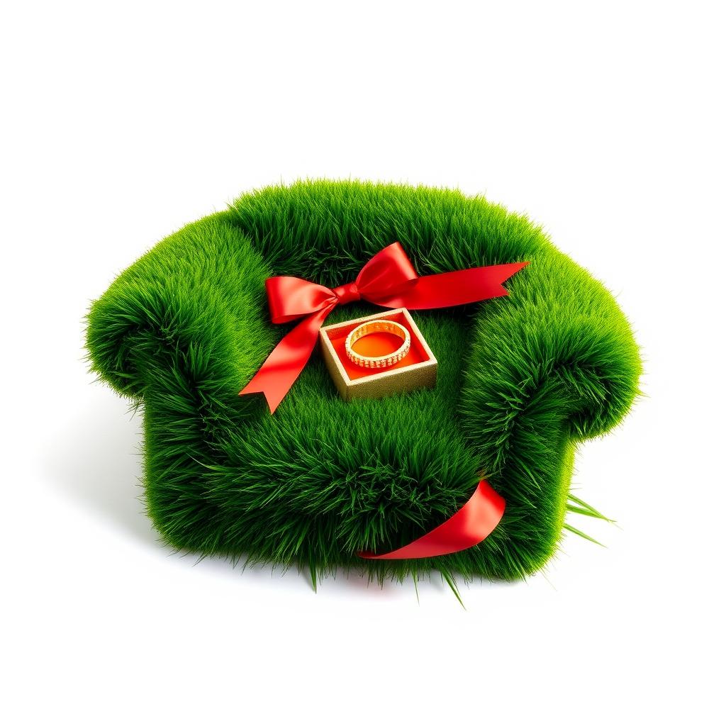 An artistic interpretation of a Nowruz (Persian New Year) arrangement featuring a lush green patch of grass shaped like a single armchair
