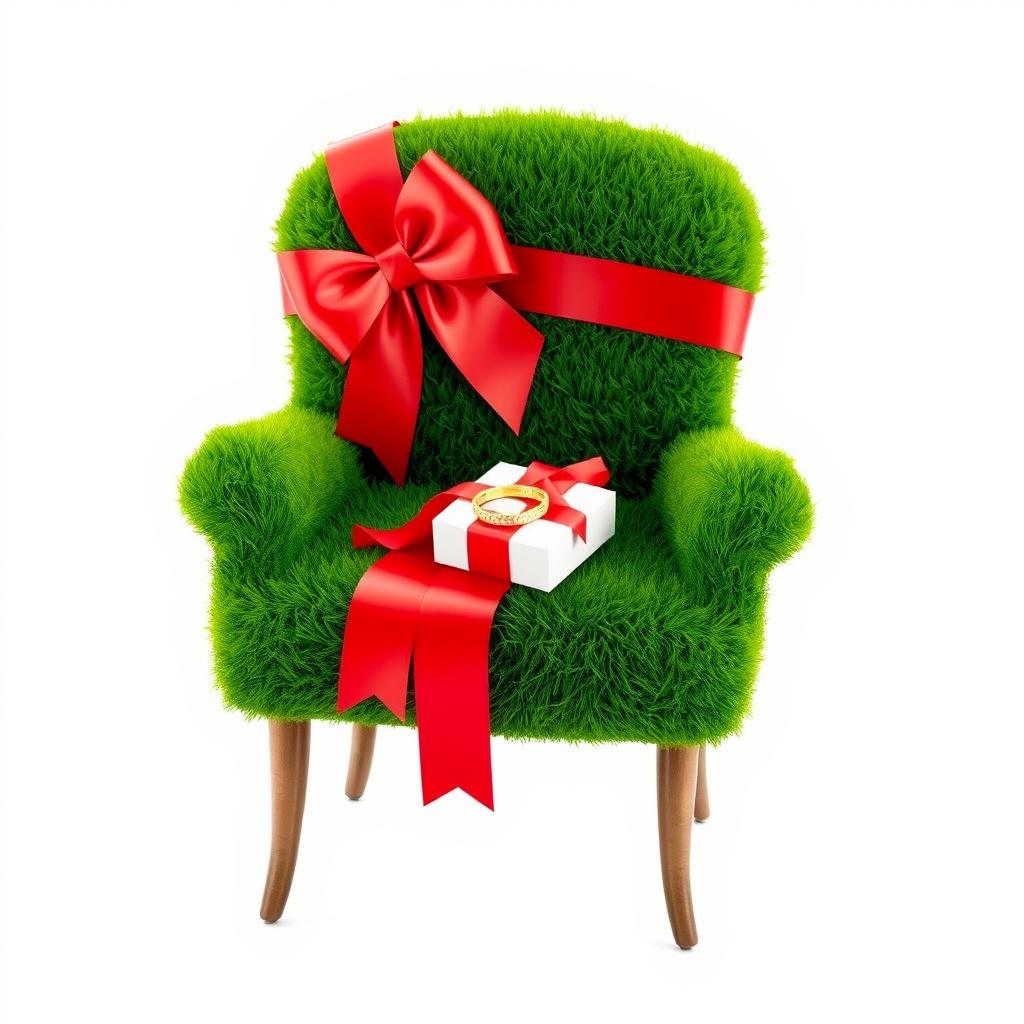 A festive depiction of a Nowruz (Persian New Year) scene featuring a vibrant patch of green grass designed to resemble a single armchair