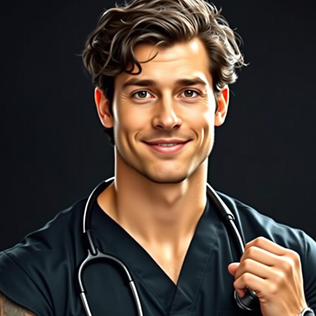 A portrait of a male doctor with an oval face, characterized by balanced features, a softly rounded chin, and a forehead proportional to his cheekbones