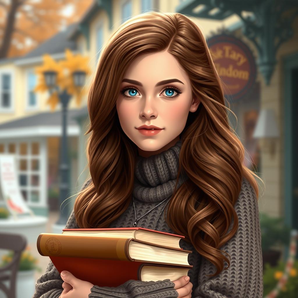 A detailed portrait of Rory Gilmore, a bright and ambitious young woman with long, wavy brown hair and striking blue eyes