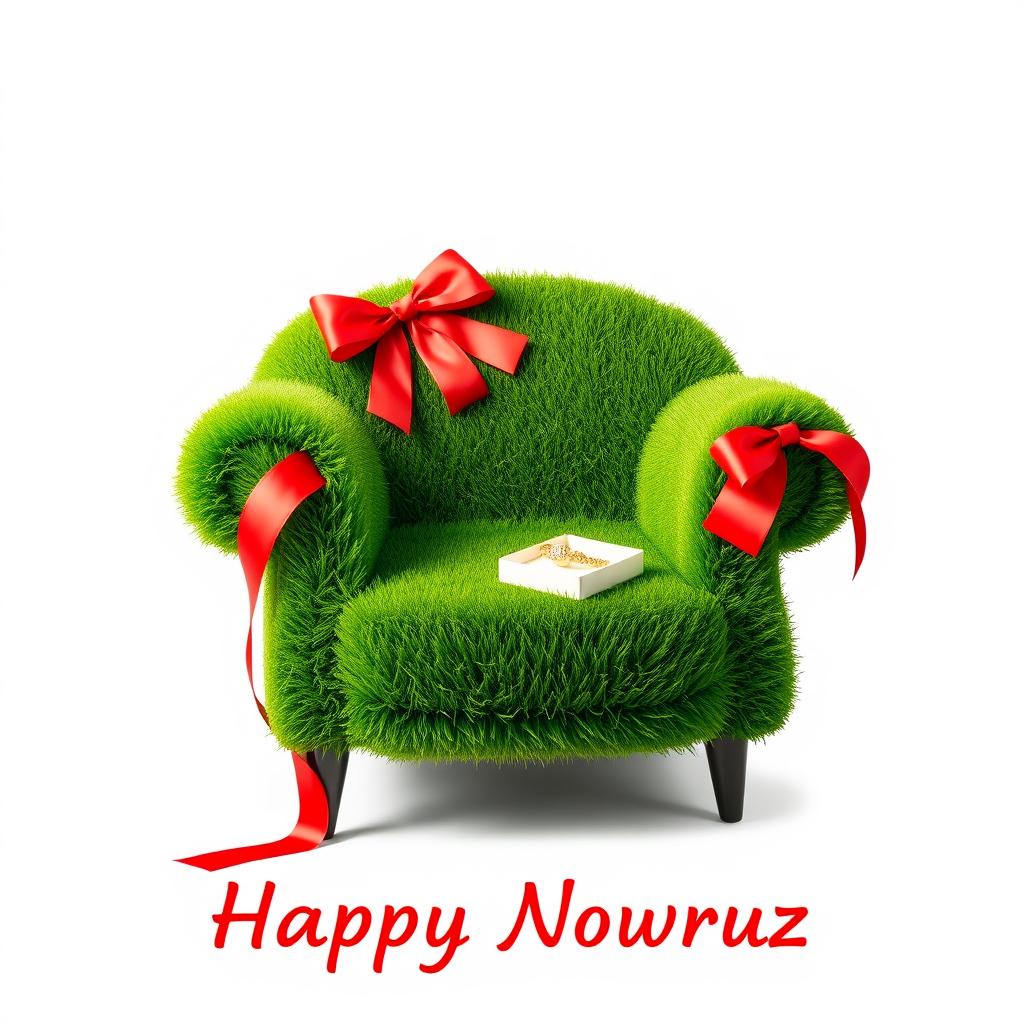 A vibrant and festive depiction of Nowruz (Persian New Year) featuring a lush, green patch of grass designed to resemble a single armchair