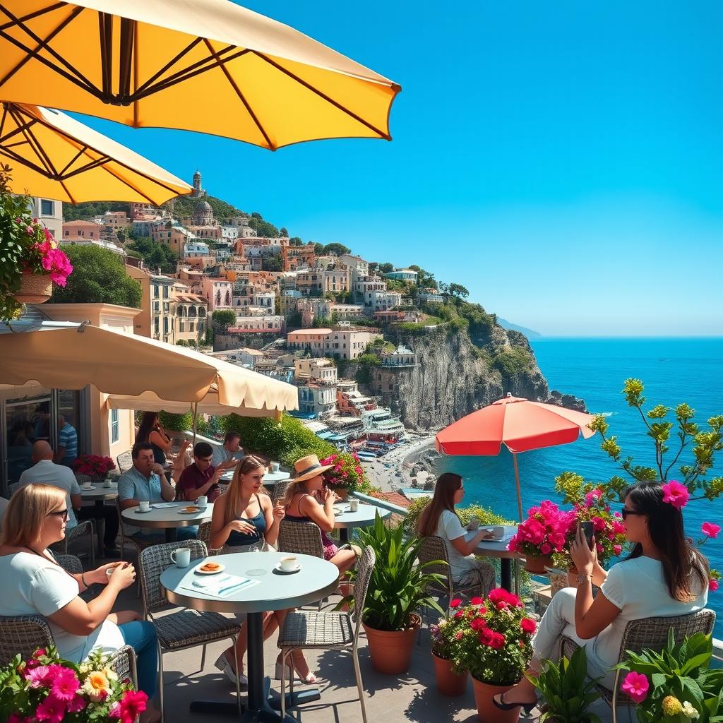 A highly detailed and realistic scene of a cafe in Positano, Italy, on a bright and beautiful day