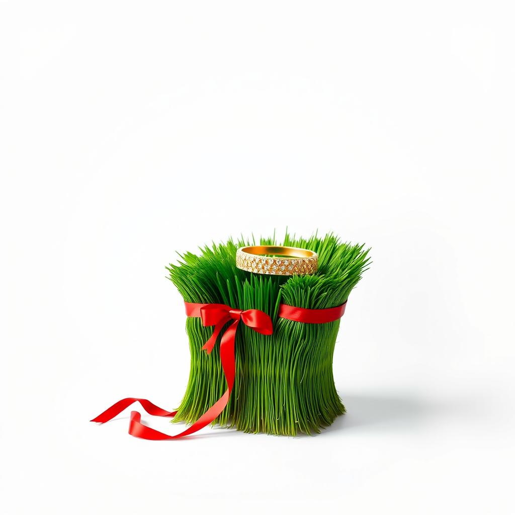 A vibrant green grass symbolizing Nowruz, styled to resemble a single armchair, elegantly wrapped with a red ribbon and bow around it