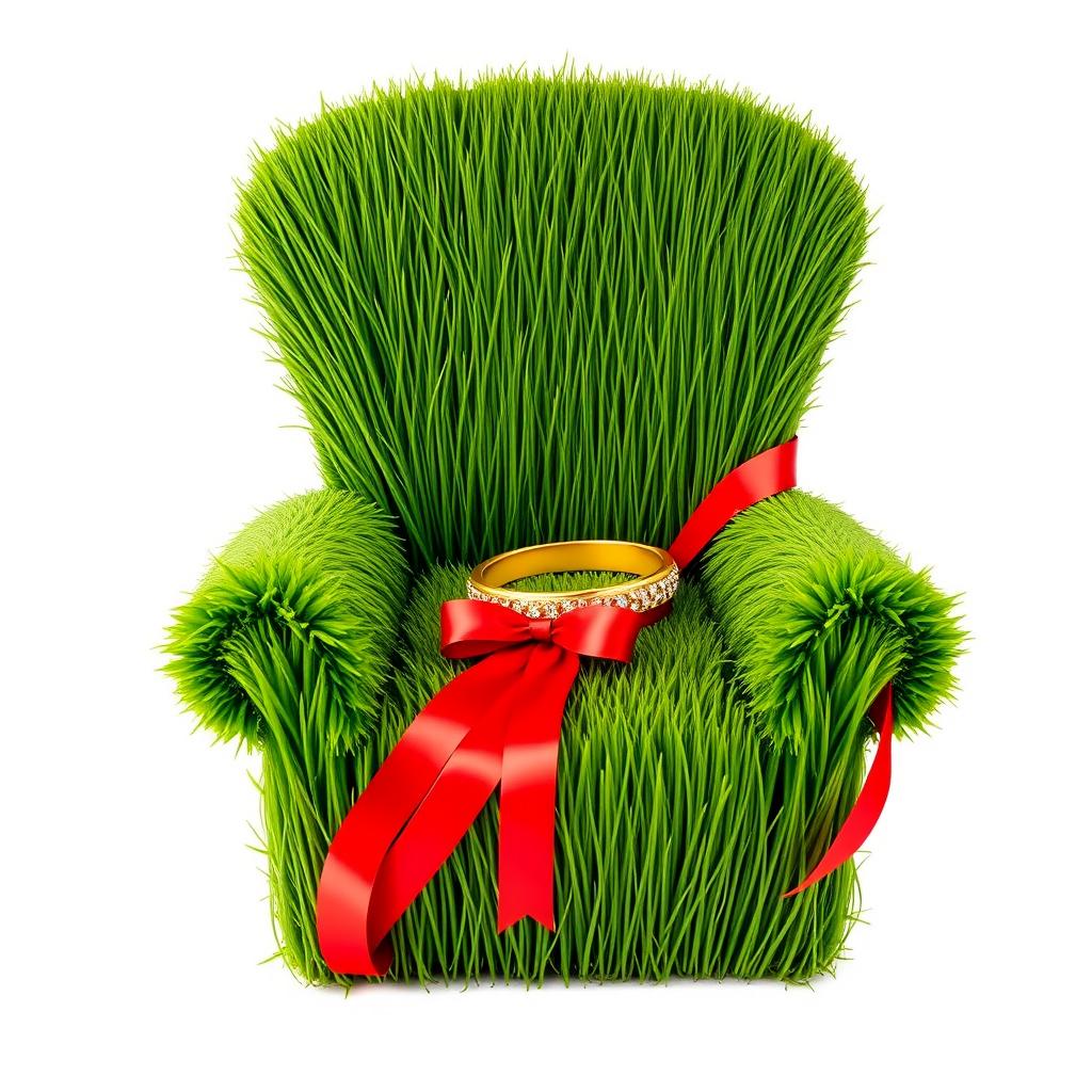 A lush green grass symbolizing Nowruz, designed to mimic a single armchair, beautifully adorned with a red ribbon and bow wrapped around it