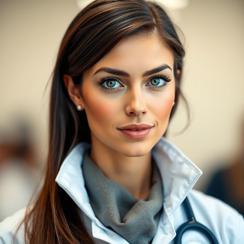 A stunning portrait of a female doctor, standing at 1