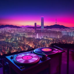 Fantasy version of Seoul at twilight, brought to life with vibrant neon lights and ethereal skyscrapers. Add elements of lo-fi culture like, vinyl record, headphone and calm atmosphere. Craft an album cover with this stunning background.