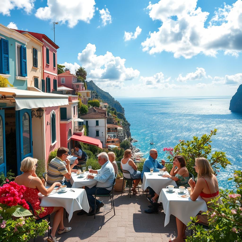 A picturesque cafe scene in Positano on a bright, beautiful day