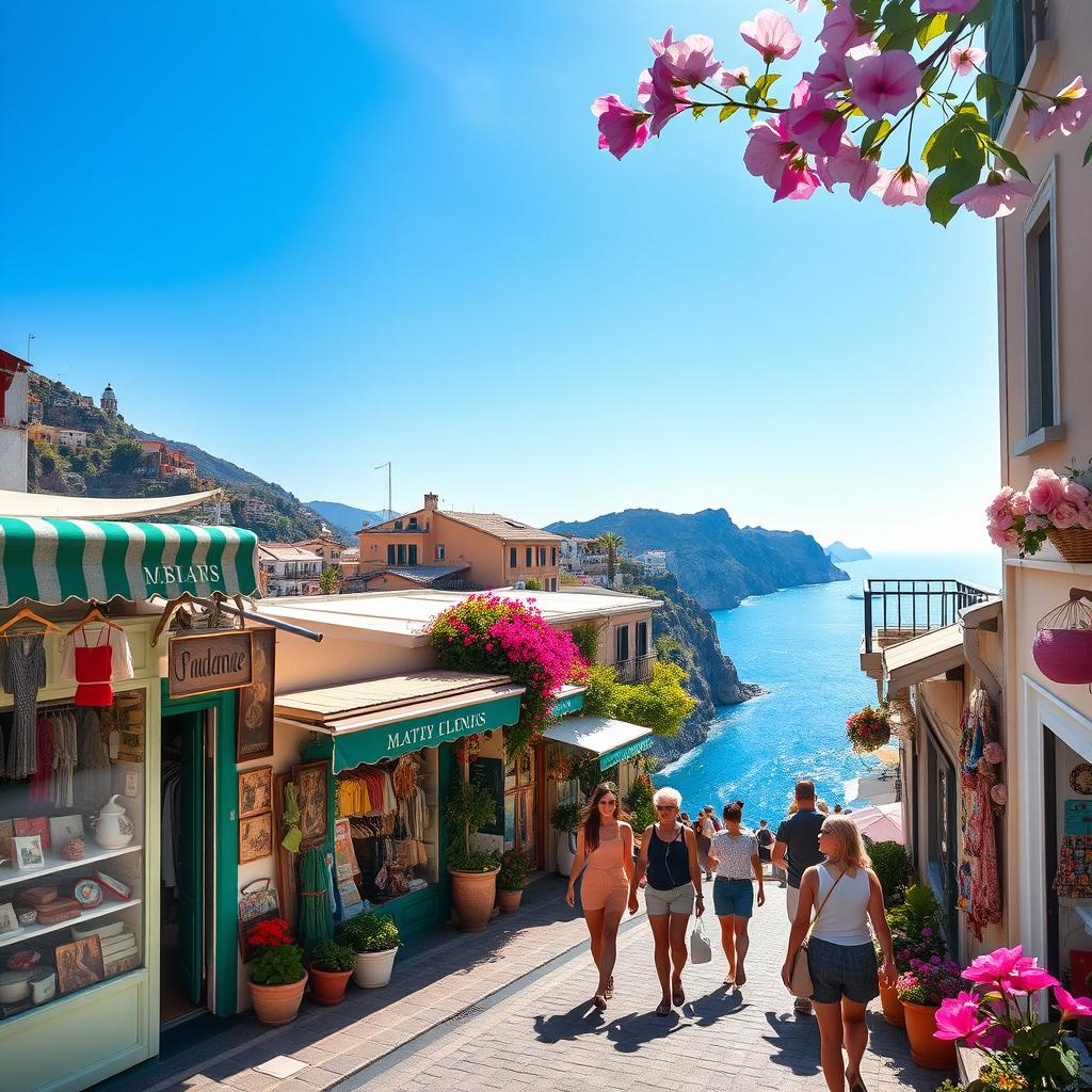 A vibrant and picturesque scene of shops in Positano on a bright, beautiful day