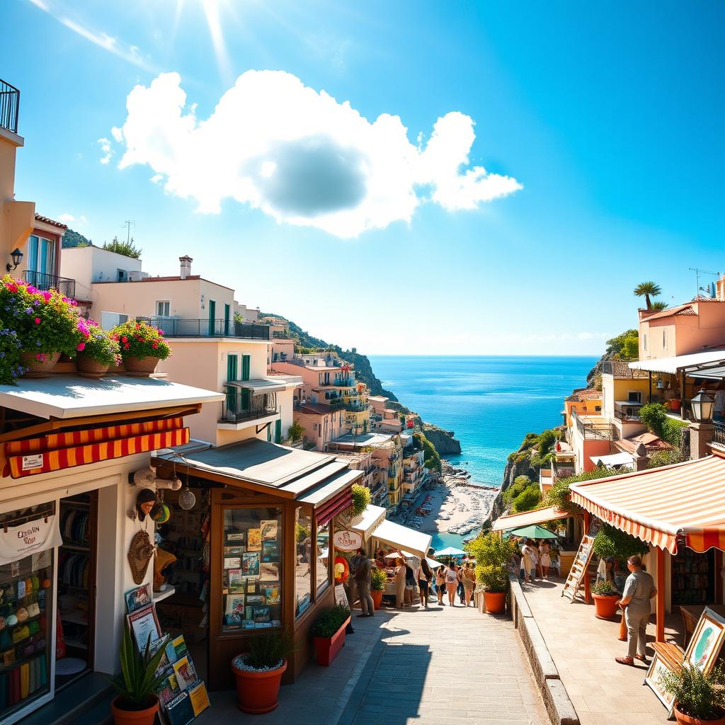 A stunning, vibrant view of shops in Positano on a bright, beautiful day