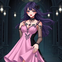 A gothic anime girl featuring flowing dark purple hair stands gracefully within a lavish gothic mansion