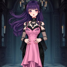 A gothic anime girl featuring flowing dark purple hair stands gracefully within a lavish gothic mansion