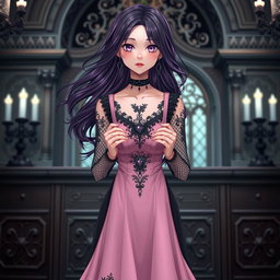 A gothic anime girl featuring flowing dark purple hair stands gracefully within a lavish gothic mansion