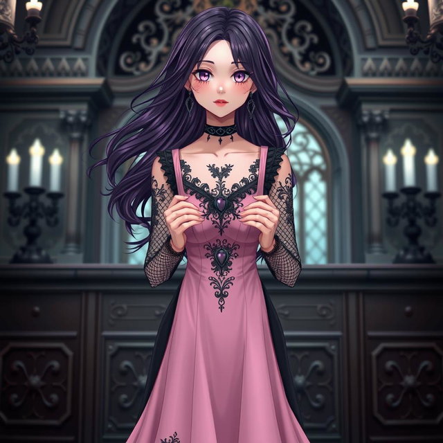 A gothic anime girl featuring flowing dark purple hair stands gracefully within a lavish gothic mansion