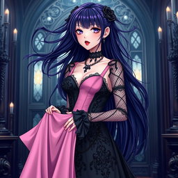 A gothic anime girl featuring flowing dark purple hair stands gracefully within a lavish gothic mansion