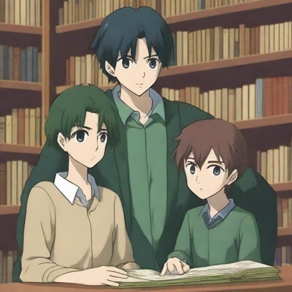 In this high-quality digital art image, two anime-style characters are depicted within a library setting