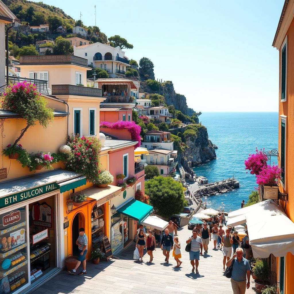 A breathtaking view of shops in Positano on a bright, beautiful day