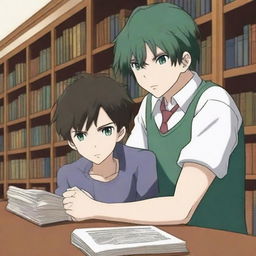 In this high-quality digital art image, two anime-style characters are depicted within a library setting