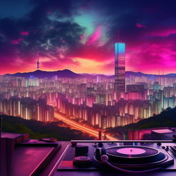 Fantasy version of Seoul at twilight, brought to life with vibrant neon lights and ethereal skyscrapers. Add elements of lo-fi culture like, vinyl record, headphone and calm atmosphere. Craft an album cover with this stunning background.