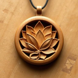 A detailed side view lotus design encased in a circular frame for a wooden necklace