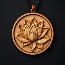 A detailed side view lotus design encased in a circular frame for a wooden necklace