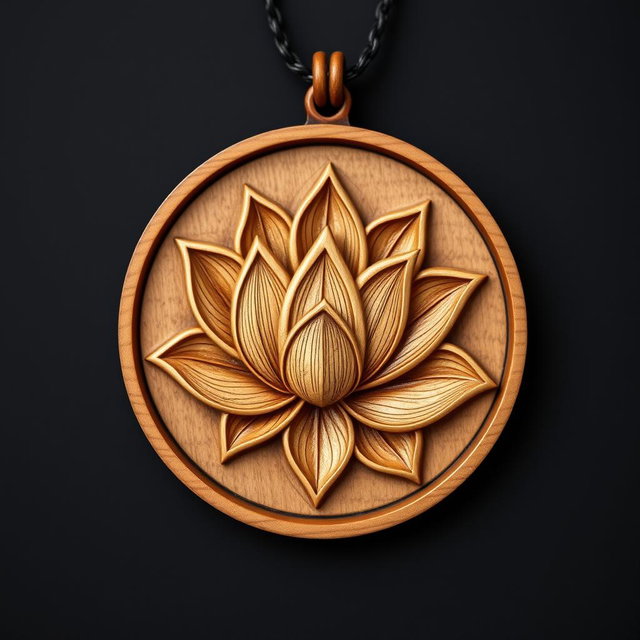 A detailed side view lotus design encased in a circular frame for a wooden necklace