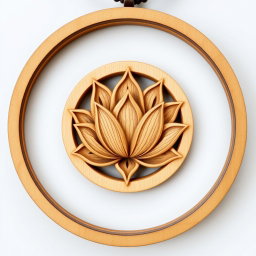 A detailed side view lotus design encased in a circular frame for a wooden necklace