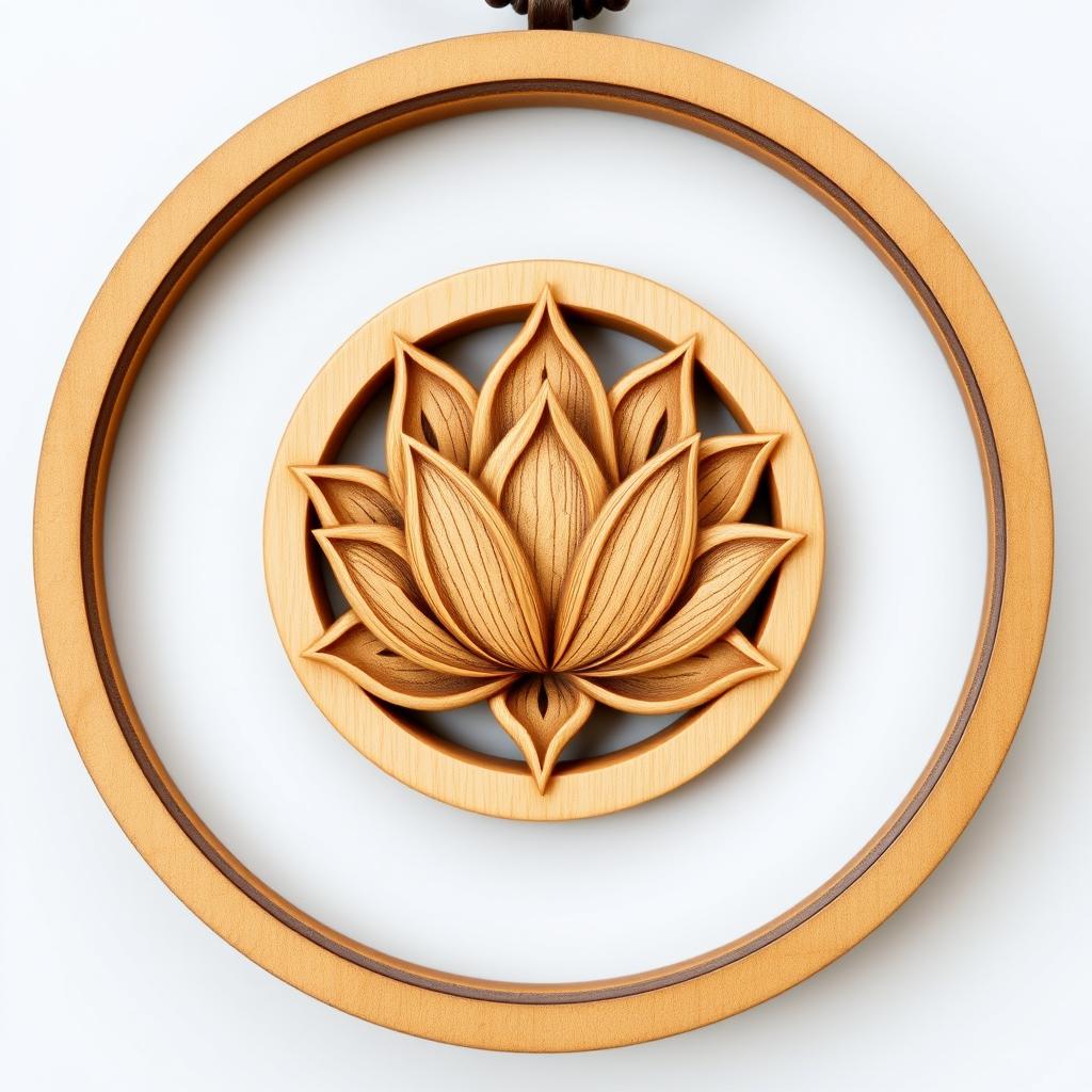 A detailed side view lotus design encased in a circular frame for a wooden necklace