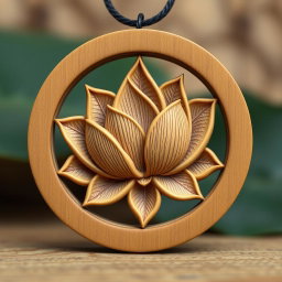 A detailed side view lotus design encased in a circular frame for a wooden necklace