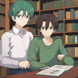 In this high-quality digital art image, two anime-style characters are depicted within a library setting