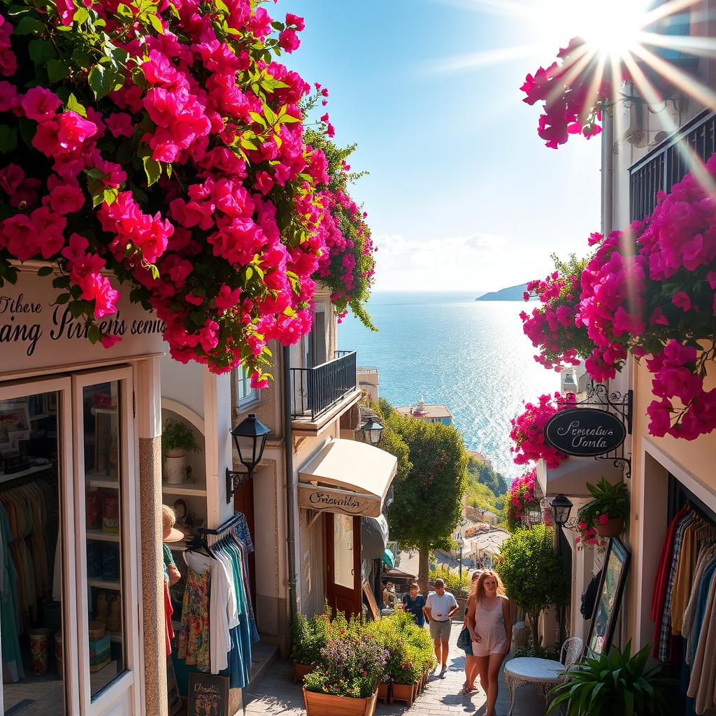 A breathtaking view of shops in Positano on a bright, beautiful day, adorned with vibrant bougainvillea spilling over balconies and walls