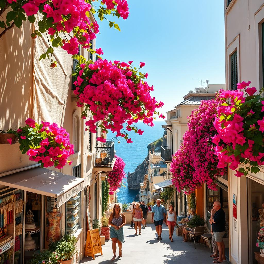 A stunning view of shops in Positano on a bright, beautiful day, embellished with vibrant bougainvillea cascading down from balconies and walls
