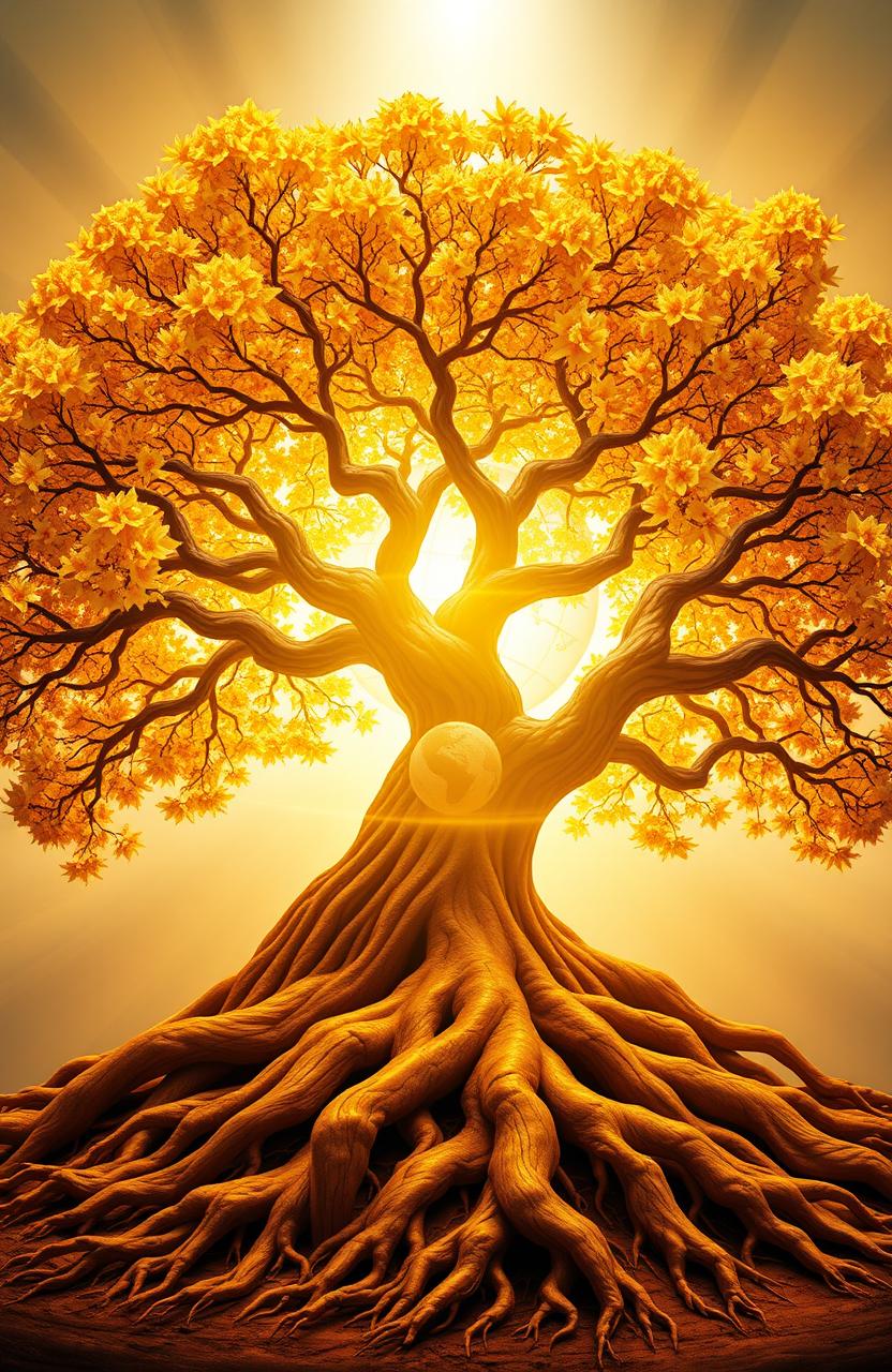 A majestic tree with deep, sprawling roots and blossoming branches, symbolizing growth and strength