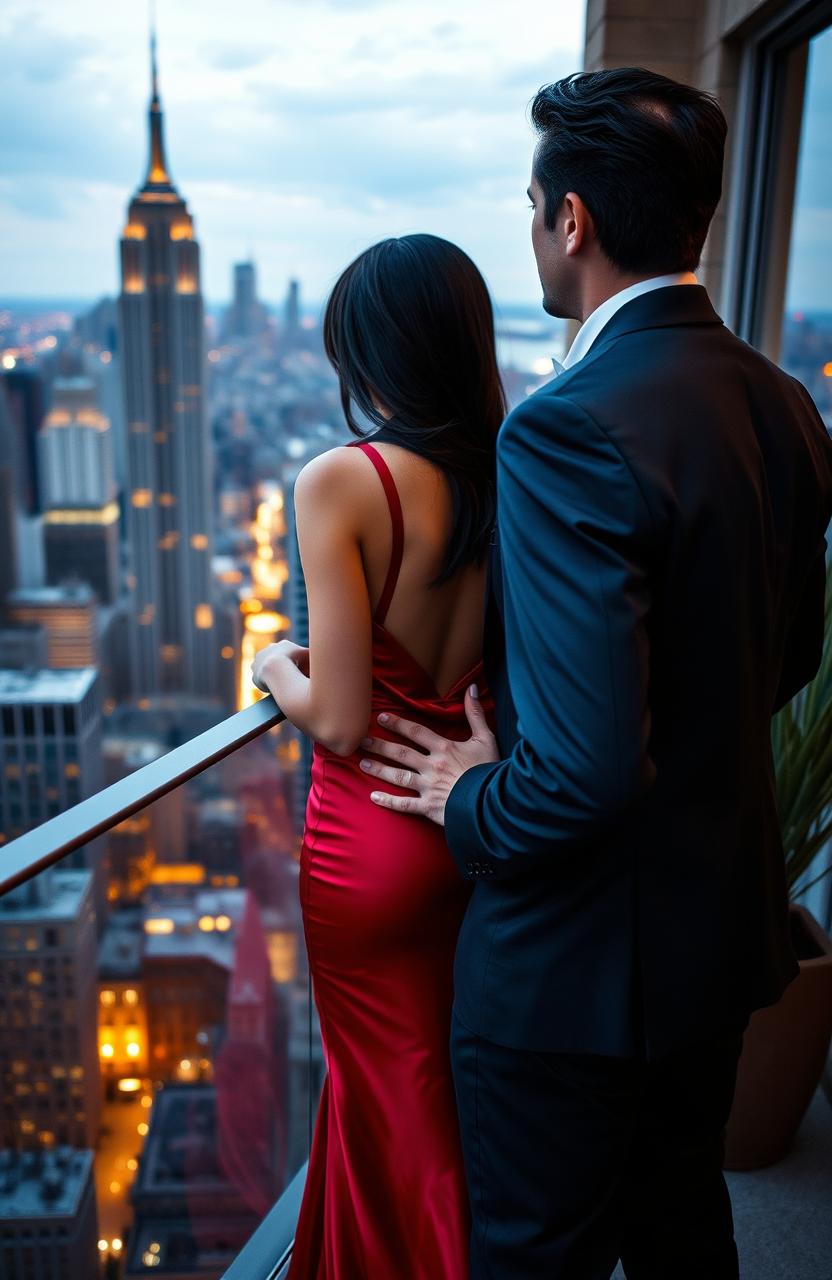 An Italian man with dark hair, wearing a stylish suit, stands on a balcony overlooking the vibrant city of New York